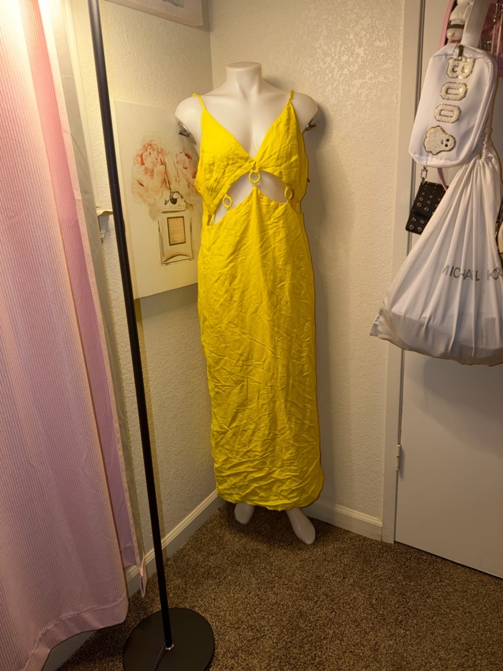 Ring-Detail Yellow Maxi Dress with Spaghetti Straps